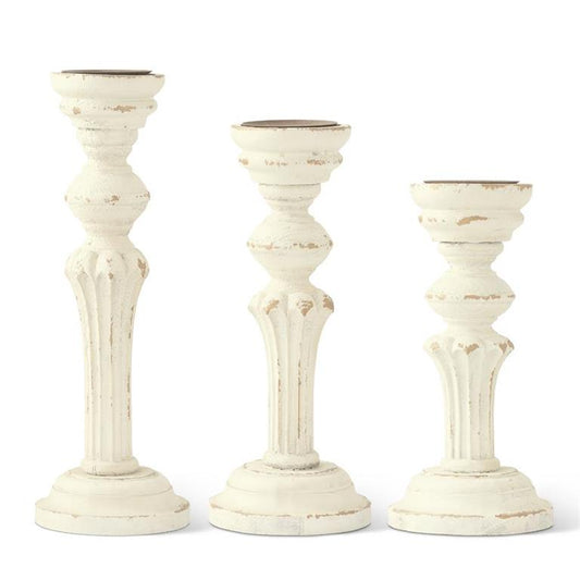 Distressed Cream Wood Column Candleholders