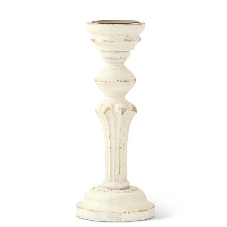 Distressed Cream Wood Column Candleholders