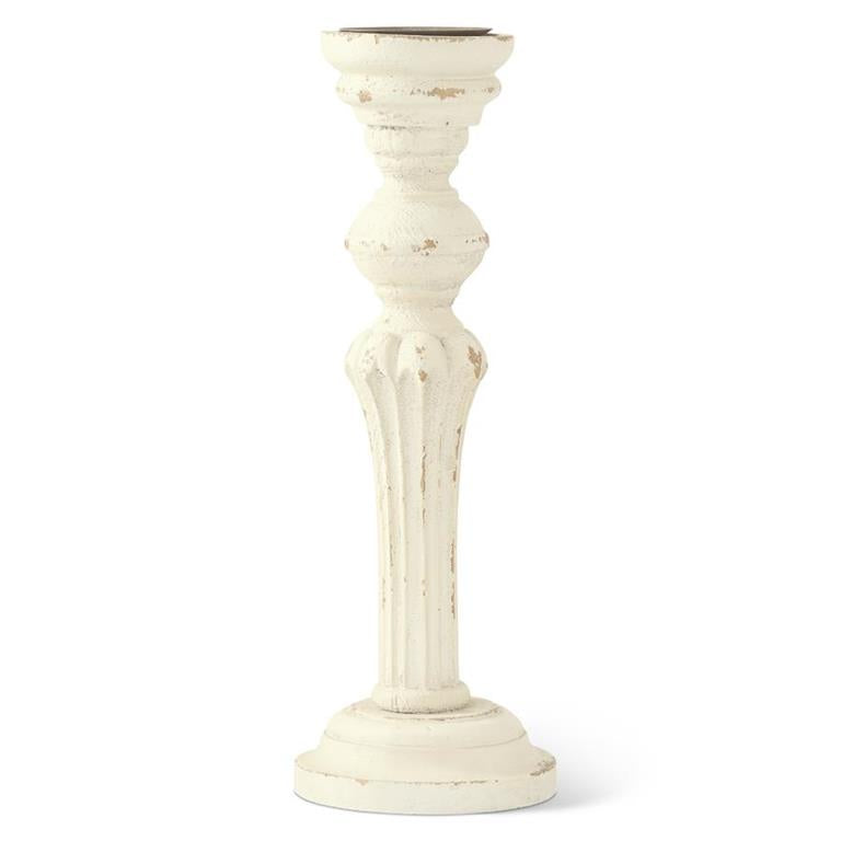 Distressed Cream Wood Column Candleholders