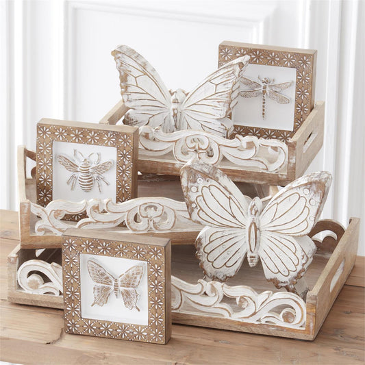 Whitewashed Carved Resin Insect Shadow Boxes