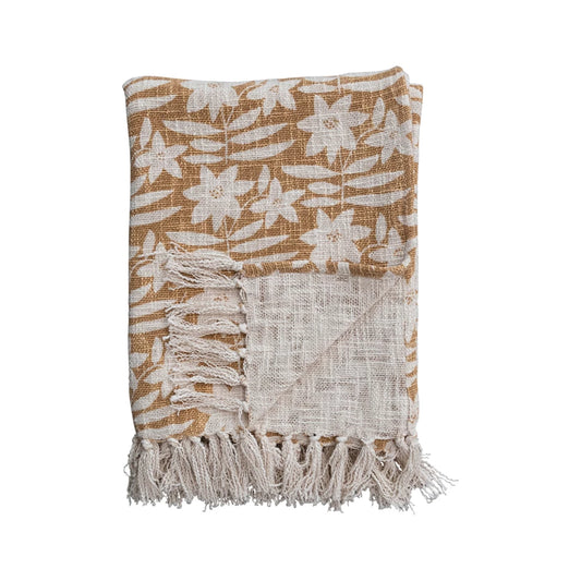 Cotton Printed Throw w/ Floral Pattern, Mustard & Cream